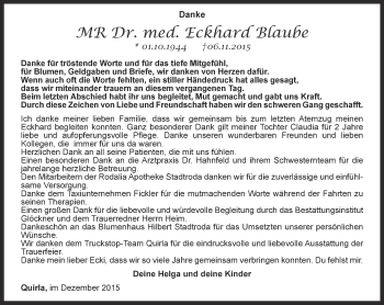 Traueranzeige von Eckhard Blaube von Ostthüringer Zeitung