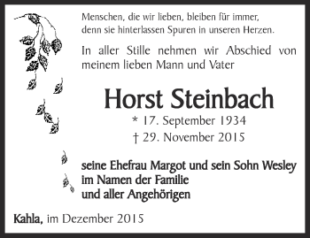 Traueranzeige von Horst Steinbach von Ostthüringer Zeitung, Thüringische Landeszeitung
