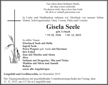Traueranzeige von Gisela Seele von Thüringer Allgemeine, Thüringische Landeszeitung