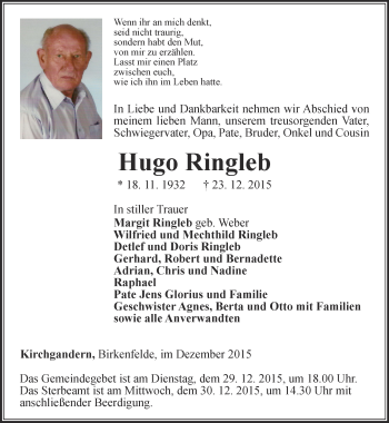 Traueranzeige von Hugo Ringleb von Thüringer Allgemeine