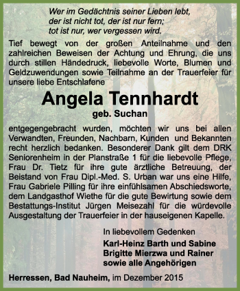 Traueranzeige von Angela Tennhardt von Thüringer Allgemeine, Thüringische Landeszeitung