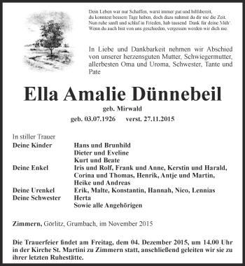 Traueranzeige von Ella Amalie Dünnebeil von Thüringer Allgemeine, Thüringische Landeszeitung