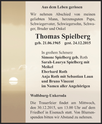 Traueranzeige von Thomas Spielberg von Thüringer Allgemeine, Thüringische Landeszeitung