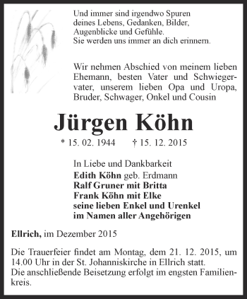 Traueranzeige von Jürgen Köhn von Thüringer Allgemeine