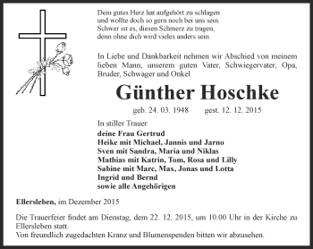 Traueranzeige von Günther Hoschke von Thüringer Allgemeine