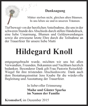 Traueranzeige von Hildegard Knoll von Thüringer Allgemeine, Thüringische Landeszeitung