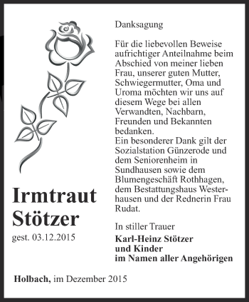 Traueranzeige von Irmtraut Stötzer von Thüringer Allgemeine