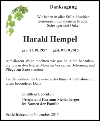 Traueranzeige von Harald Hempel von Ostthüringer Zeitung