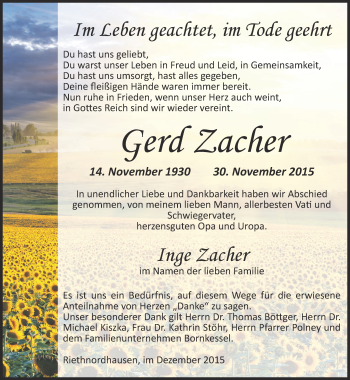 Traueranzeige von Gerd Zacher