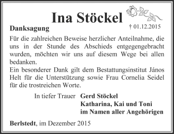 Traueranzeige von Ina Stöckel von Thüringer Allgemeine, Thüringische Landeszeitung