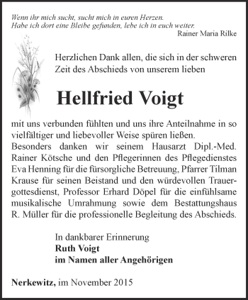 Traueranzeige von Hellfried Voigt von Ostthüringer Zeitung, Thüringische Landeszeitung