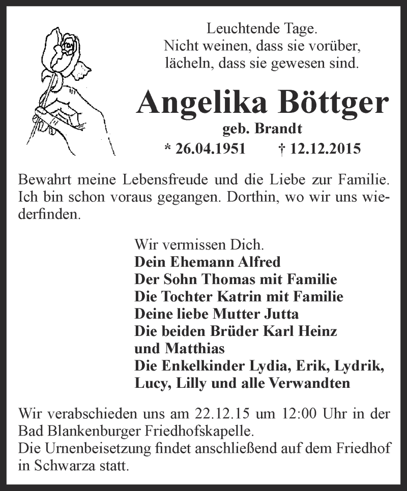 Traueranzeigen von Ankelika Böttger | trauer-in-thueringen.de