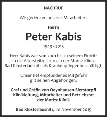 Traueranzeige von Peter Kabis von Ostthüringer Zeitung