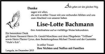 Traueranzeige von Lise-Lotte Bachmann von Thüringer Allgemeine, Thüringische Landeszeitung