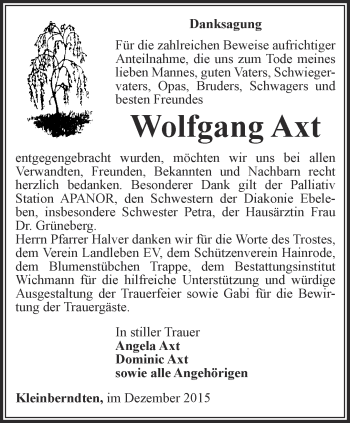 Traueranzeige von Wolfgang Axt von Thüringer Allgemeine