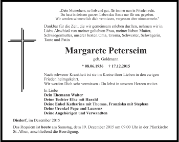 Traueranzeige von Margarete Peterseim von Thüringer Allgemeine, Thüringische Landeszeitung