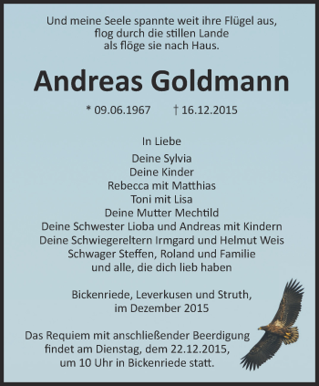 Traueranzeige von Andreas Goldmann von Thüringer Allgemeine, Thüringische Landeszeitung