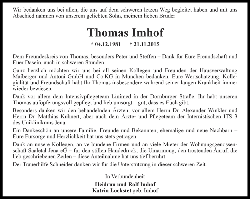  Traueranzeige für Thomas Imhof vom 12.12.2015 aus Ostthüringer Zeitung, Thüringische Landeszeitung