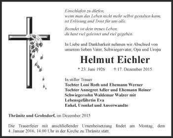 Traueranzeige von Helmut Eichler von Ostthüringer Zeitung