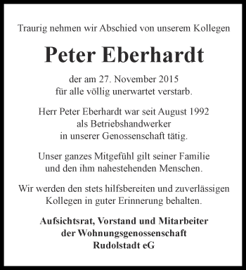 Traueranzeige von Peter Eberhardt von Ostthüringer Zeitung