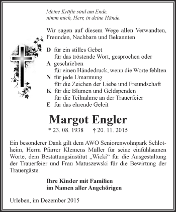 Traueranzeige von Margot Engler von Thüringer Allgemeine, Thüringische Landeszeitung