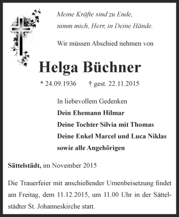 Traueranzeige von Helga Büchner von Thüringer Allgemeine, Thüringische Landeszeitung