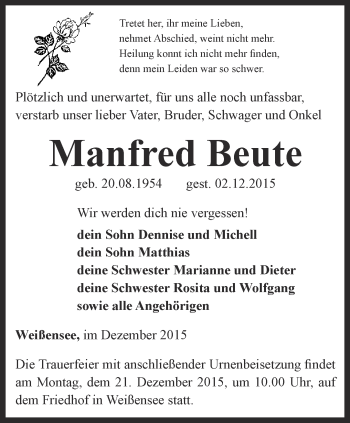 Traueranzeige von Manfred Beute von Thüringer Allgemeine