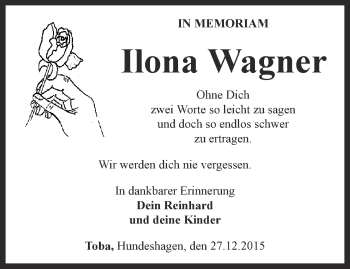 Traueranzeige von Ilona Wagner von Thüringer Allgemeine