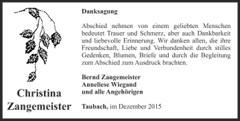 Traueranzeige von Christina Zangemeister von Thüringer Allgemeine, Thüringische Landeszeitung