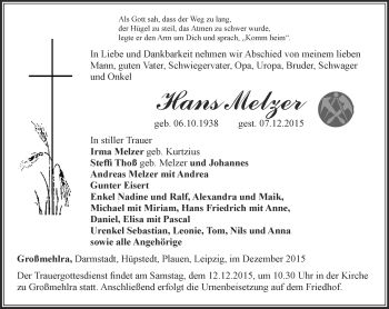Traueranzeige von Hans Melzer von Thüringer Allgemeine, Thüringische Landeszeitung