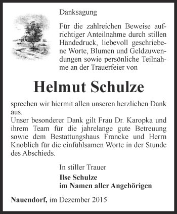 Traueranzeige von Helmut Schulze von Ostthüringer Zeitung