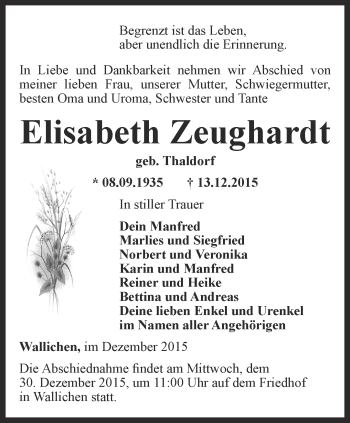Traueranzeige von Elisabeth Zeughardt von Thüringer Allgemeine, Thüringische Landeszeitung