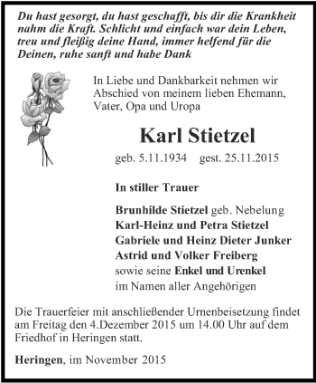 Traueranzeige von Karl Stietzel von Thüringer Allgemeine