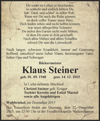 Traueranzeige von Klaus Steiner von Ostthüringer Zeitung, Thüringische Landeszeitung