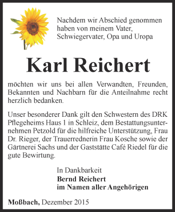 Traueranzeige von Karl Reichert von Ostthüringer Zeitung