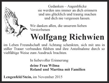 Traueranzeige von Wolfgang Richwien von Thüringer Allgemeine, Thüringische Landeszeitung