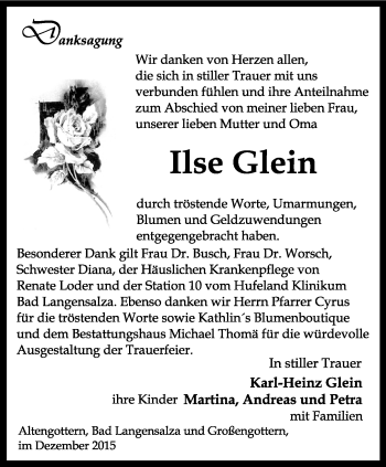 Traueranzeige von Ilse Glein von Thüringer Allgemeine, Thüringische Landeszeitung