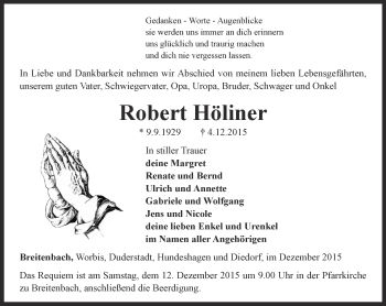 Traueranzeige von Robert Höliner von Thüringer Allgemeine