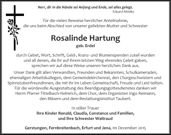 Traueranzeige von Rosalinde Hartung von Thüringer Allgemeine, Thüringische Landeszeitung