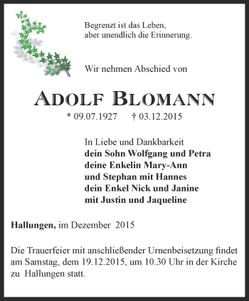 Traueranzeige von Adolf Blomann von Thüringer Allgemeine, Thüringische Landeszeitung