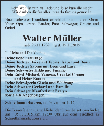 Traueranzeige von Walter Müller von Thüringer Allgemeine, Thüringische Landeszeitung