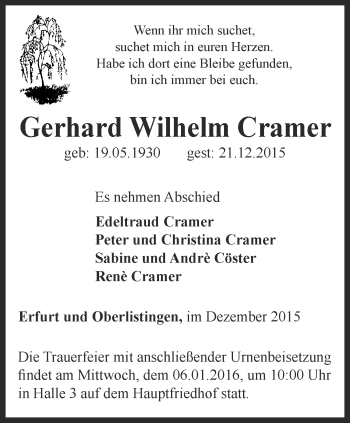 Traueranzeige von Gerhard Wilhelm Cramer