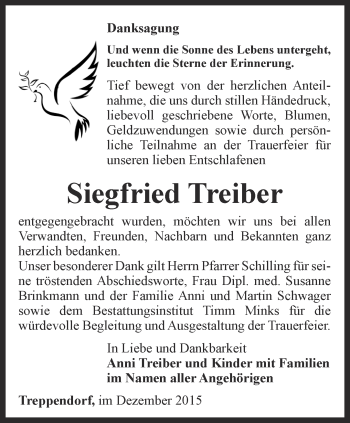 Traueranzeige von Siegfried Treiber von Ostthüringer Zeitung