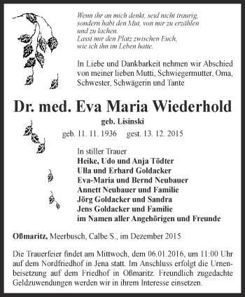 Traueranzeige von Eva Maria Wiederhold von Ostthüringer Zeitung, Thüringische Landeszeitung