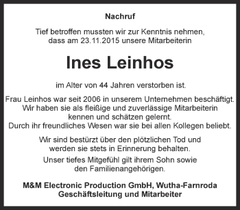 Traueranzeige von Ines Leinhos von Thüringer Allgemeine, Thüringische Landeszeitung