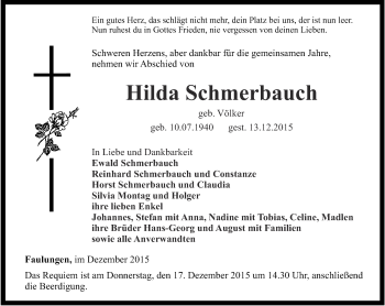 Traueranzeige von Hilda Schmerbauch von Thüringer Allgemeine, Thüringische Landeszeitung