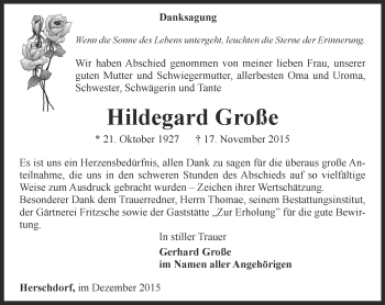 Traueranzeige von Hildegard Große von Ostthüringer Zeitung