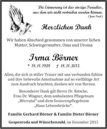 Traueranzeige von Irma Börner von Thüringer Allgemeine, Thüringische Landeszeitung