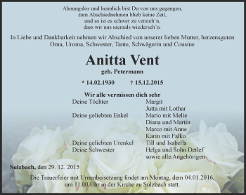 Traueranzeige von Anitta Vent von Thüringer Allgemeine, Thüringische Landeszeitung