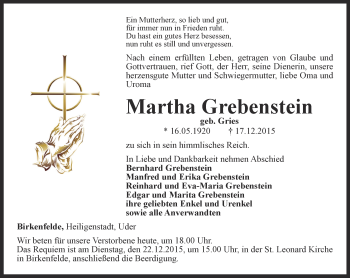 Traueranzeige von Martha Grebenstein von Thüringer Allgemeine